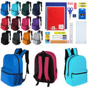 12 Wholesale 17" Classic Backpacks in 12 Assorted Colors & 12 Bulk School Supply Kits of Your Choice