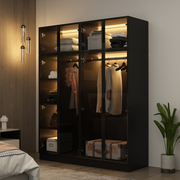 Elegant Black Wardrobe with LED Lighting and Tempered Glass Doors