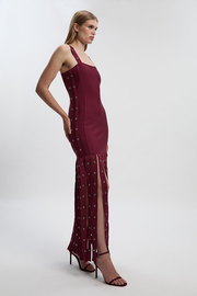 Strappy Eyelet Detail Fringe Figure Form Midi Dress | Karen Millen