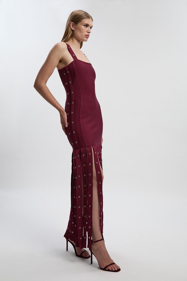 Strappy Eyelet Detail Fringe Figure Form Midi Dress | Karen Millen