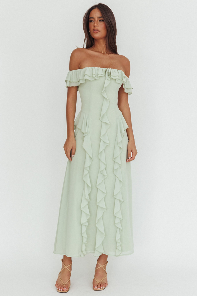 Scarlet Off-Shoulder Ruffle Trim Maxi Dress Sage
