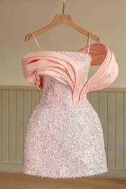 Chic A-Line Spaghetti Straps Pink Sequined Mini Homecoming Dress