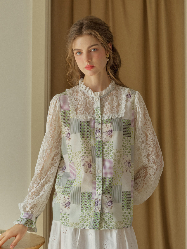 【Final Sale】Vivienne Lace Collar Patchwork Blouse - Green