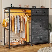 EnHomee 49.2"W Dresser for Bedroom with Hanging Rack 6 Drawers Dresser with LED Lights Fabric Dressers & Chest of Drawer with Clothes Rack,Wooden Top,Grid Panel,Closet,Black 49.2"Wx47.2"Hx15.8"D