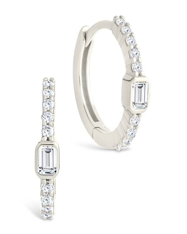 Sterling Silver Emerald Cut Bezel Set Huggie Hoop Earrings