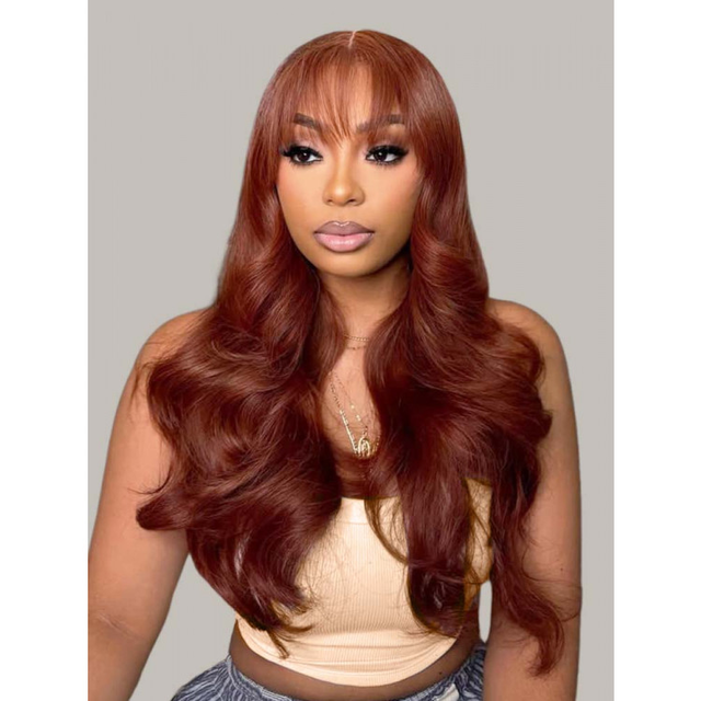 Fluffy Ginger Brown Body Wave 5x5 Ready To Go lace Closure Wig With Airy Bangs