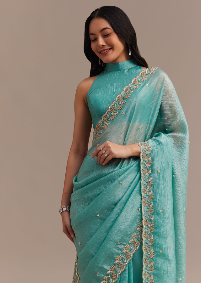 Light Blue Crushed Tissue Saree Embroidered With Cutdana And Sequins