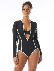 Beach House Sport Sculpt Long Sleeve Zip Front One Piece Swimsuit - Piping