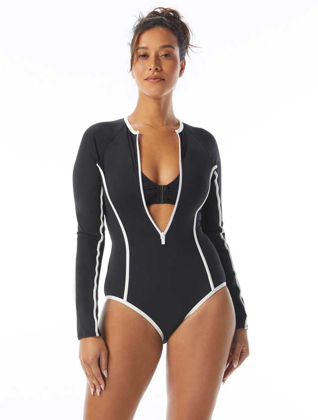 Beach House Sport Sculpt Long Sleeve Zip Front One Piece Swimsuit - Piping