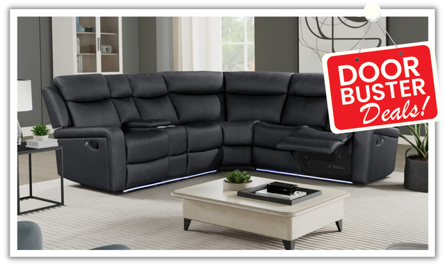 Global Furniture Cordell 4-Seater Black Leather Sectional Recliner Sofa With LED