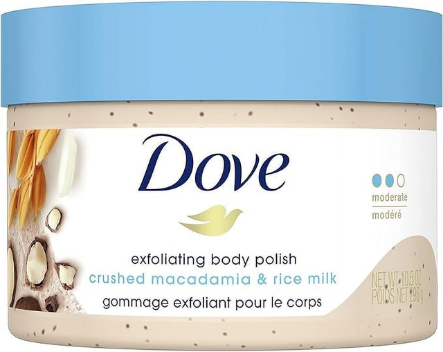 Dove Exfoliating Body Polish moderate exfoliant Macadamia & Rice Milk gentle to skin microbiome 298 g
