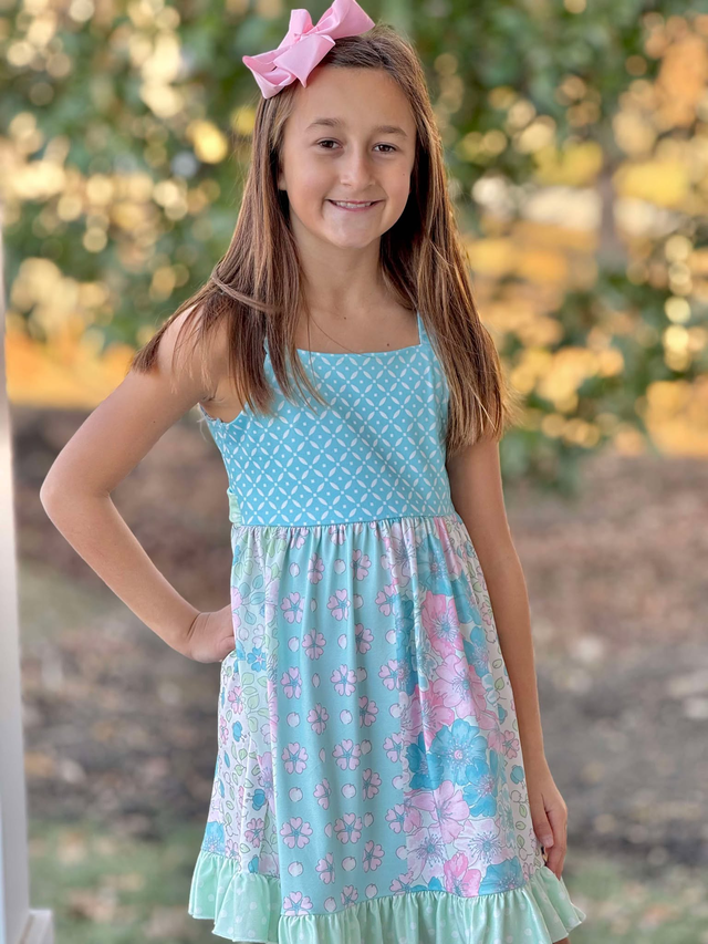 Aqua & Mint Floral Patchwork Ruffle Dress