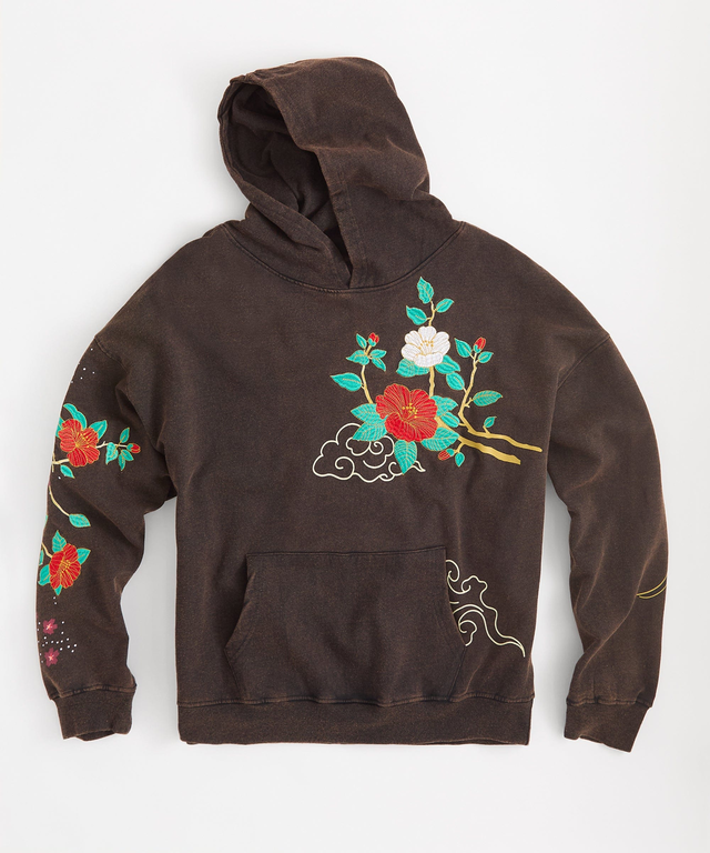 Washed Embroidery Fleece Hoodie - Black
