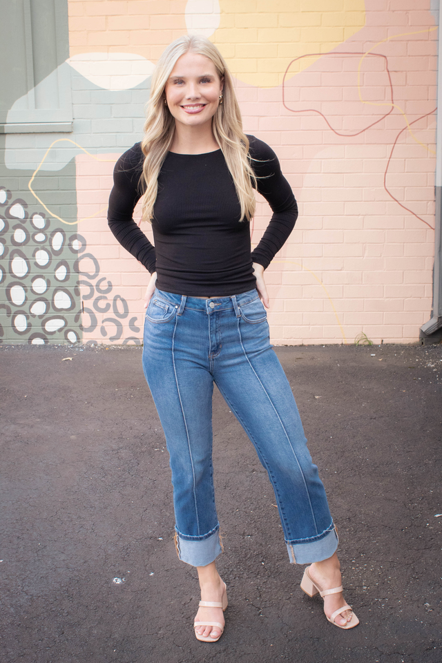 Elowyn Double Layer Rib Knit Tee, Black