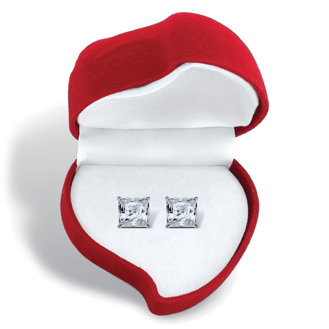 Princess-Cut Cubic Zirconia Stud Earrings and Red Heart Gift Box 3.24 TCW in Silvertone