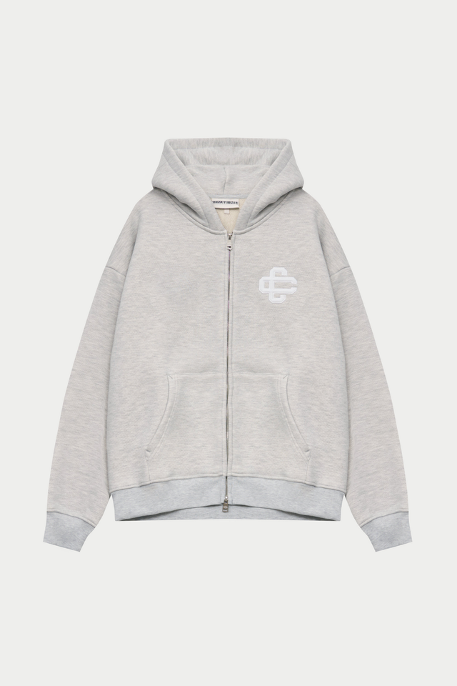 HEAVYWEIGHT EMBLEM APPLIQUE ZIP THROUGH HOODIE - GREY MARL