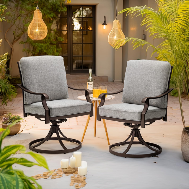 EROMMY Patio Swivel Chair Set of 2, Heavy Duty Outdoor Dining Chairs with Thickened Cushions, Metal Patio Chairs Gentle Rocker for Outside, Grey