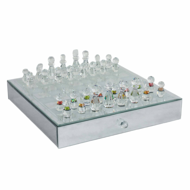 Luxury Glass Chess Set w/ Crystal Pieces, Silver