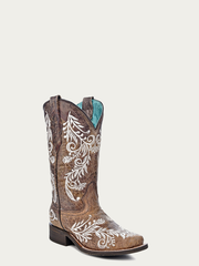 A4063 - WOMEN'S GLOW IN THE DARK WHITE FEATHERED FLORAL EMBROIDERY BROWN SQUARE TOE COWBOY BOOT