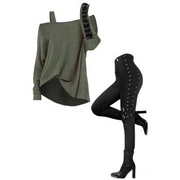 Women Outfit Skew Neck Textured Solid Color Top and Grommet Lace Up Pants Set