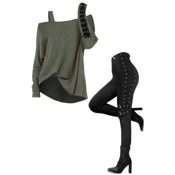 Women Outfit Skew Neck Textured Solid Color Top and Grommet Lace Up Pants Set