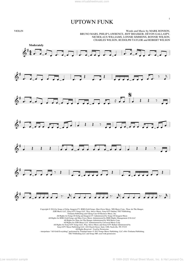 Uptown Funk (feat. Bruno Mars) sheet music for violin solo (PDF)