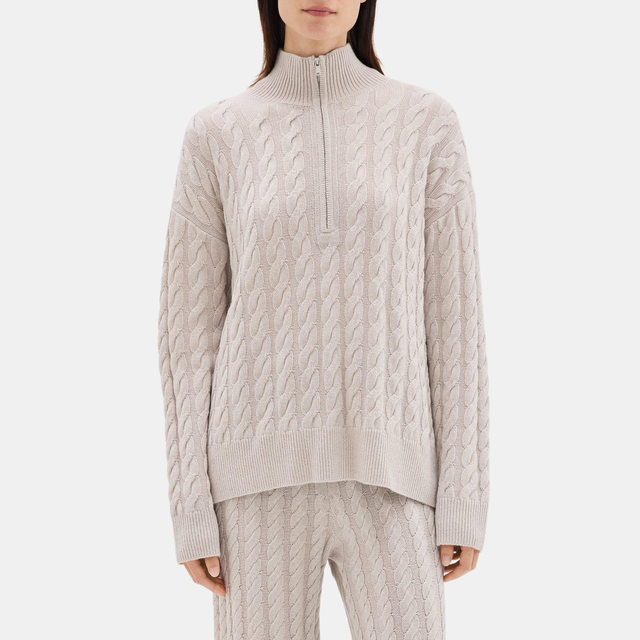 Wool-Cashmere Blend Cable Knit Half-Zip Sweater | Theory Outlet