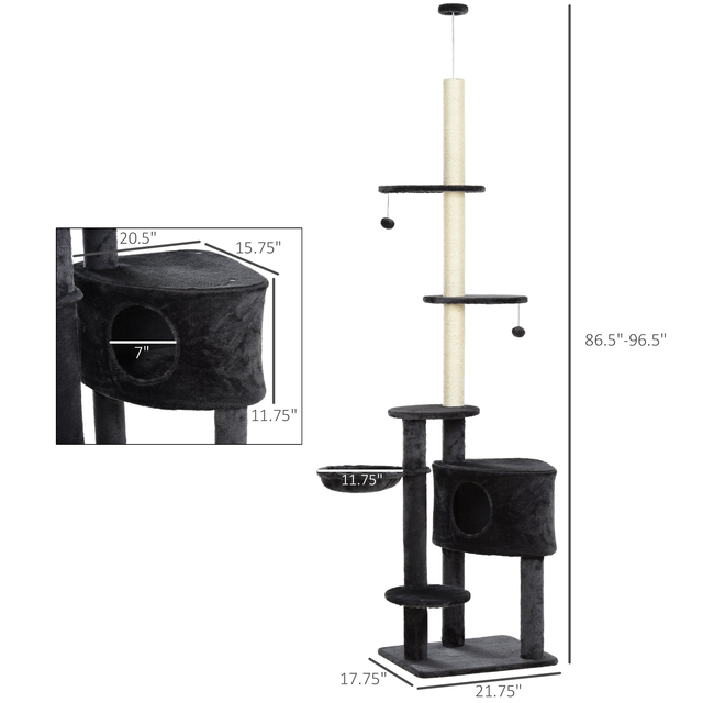 Adjustable Height Floor-To-Ceiling Vertical Cat Tree with Carpet Platforms, Condo & Rope Scratching Areas, Dark Grey