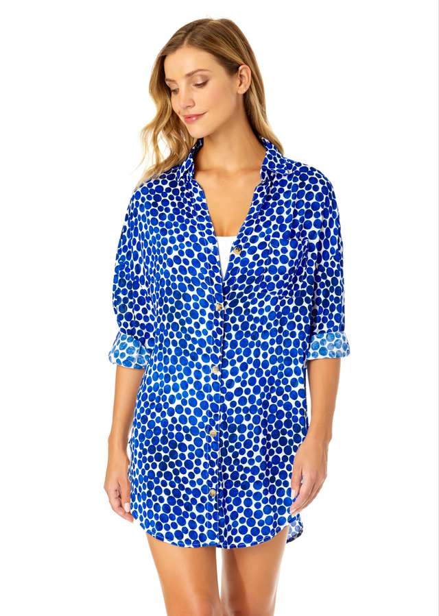 Women's Denim Dot Button Down Shirt Swimsuit Cover Up