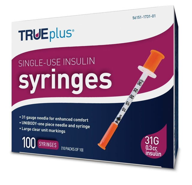 Trueplus Single-Use Insulin Syringe, 31G x 5/16", .3 mL (100 Count)