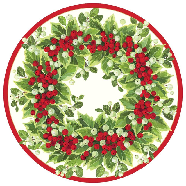 Holly and Berry Wreath Round Paper Placemats - 12 Per Package