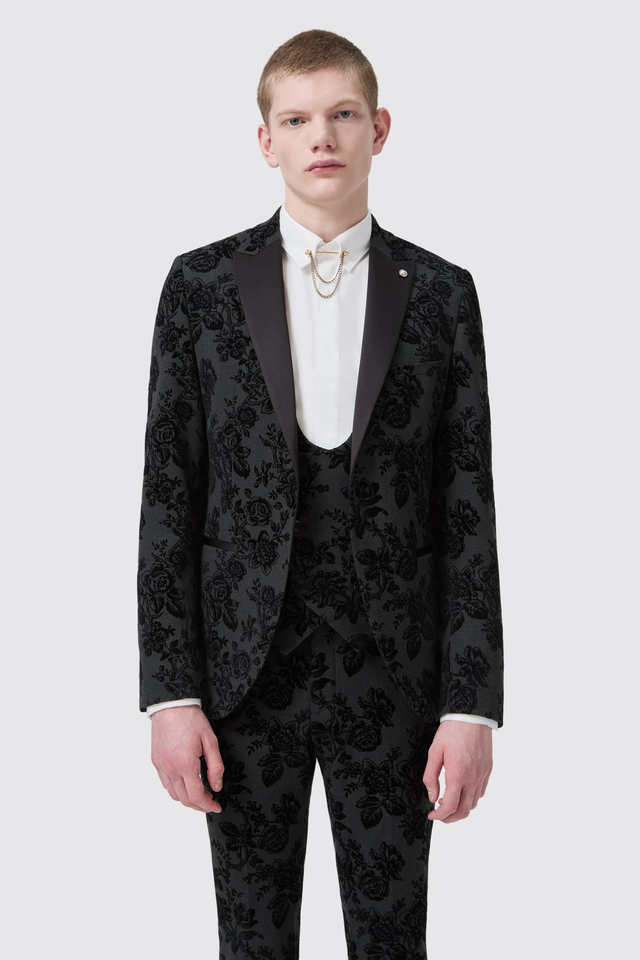 Fleet Skinny Fit Black Floral Tuxedo Jacket