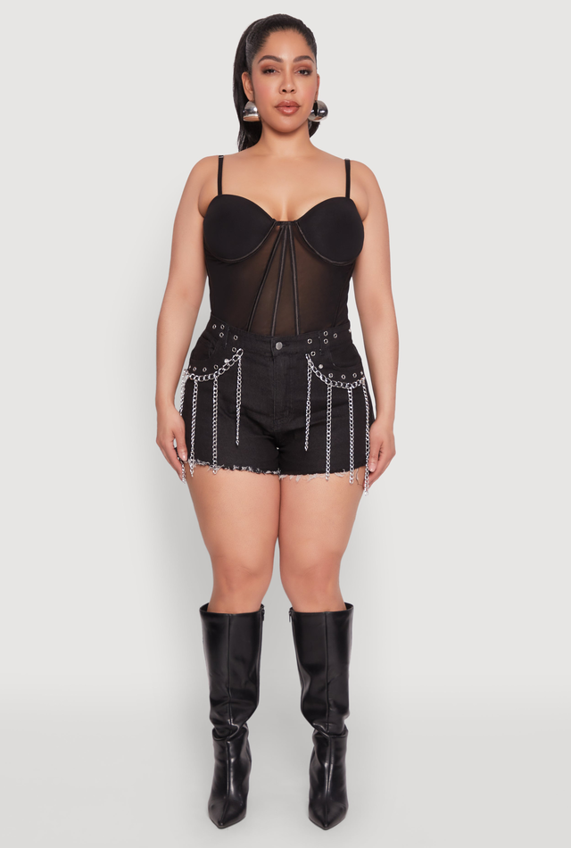 Plus Size Daisy Grommet Chain Fringe Denim Shorts