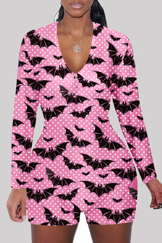 Pink Halloween Pumpkin Print V Neck Shorts Sleeve Skinny Rompers One Piece Bodysuit