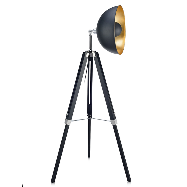 Teamson Home Fascino 63" Industrial Metal Tripod Floor Lamp with Dish Shade, Black/Gold