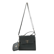 Valentino Orlandi Black Flapover V Logo Vegan Leather Satchel Bag with Adjustable Strap and Additional Wallet