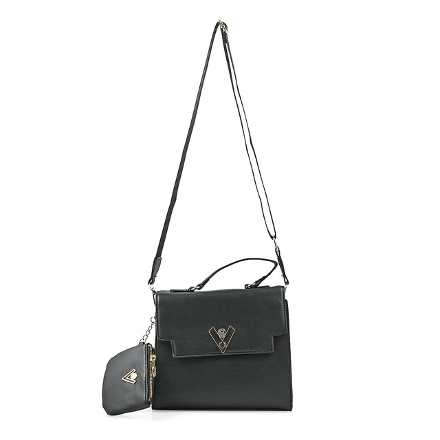 Valentino Orlandi Black Flapover V Logo Vegan Leather Satchel Bag with Adjustable Strap and Additional Wallet