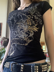 Vintage Printed Rhinestone Short Sleeve Tee