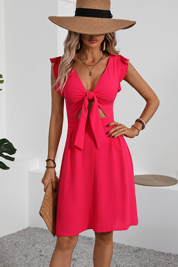 Cutout V Neck Solid Color Casual Dress
