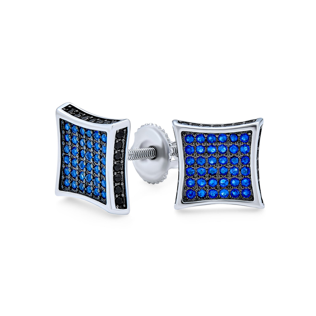 Square CZ Stud Earrings for Men, Black Blue White, Sterling Silver, 9MM Screw Back