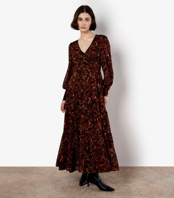 Apricot Dark Burgundy Abstract Chiffon Tiered Maxi Dress