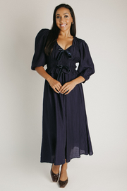 The Travillo Velvet Bow Detail Midi Dress in Navy