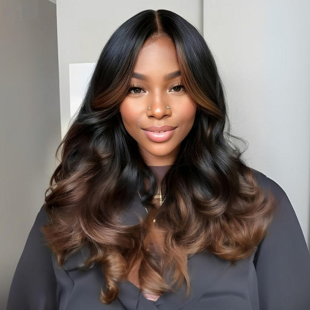 Klaiyi 13x4 Chestnut Brown Ombre Lace Frontal Loose Wave Face-Framing Layers Wig with Invisi-Drawstring