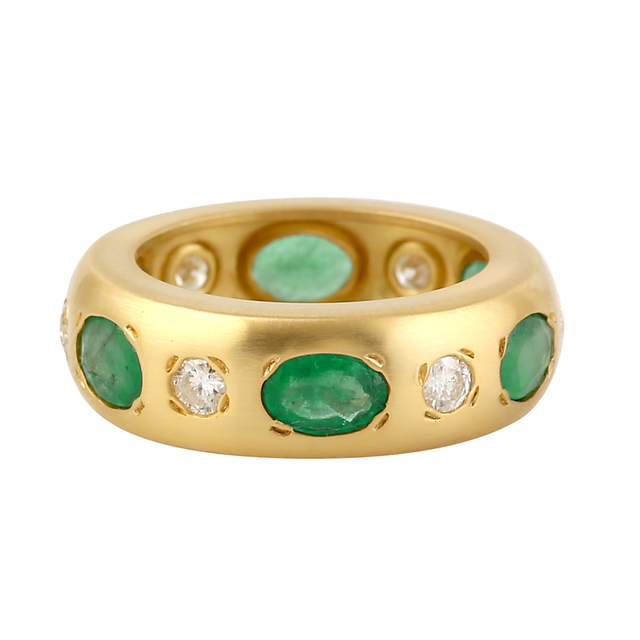 18K Yellow Gold With Oval Emerald & Diamond Band Ring by Artisan