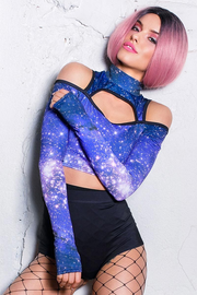Blue Galaxy Cold Shoulder Crop Top