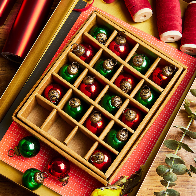 Set of 20 Mini Mercury Glass Ornaments- Green/Red