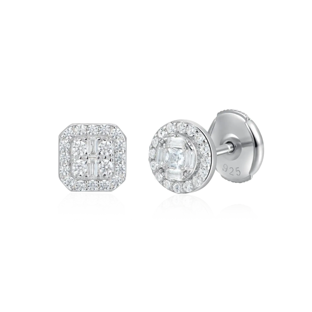 S925 Baguette Mix Halo Stud Earring Set