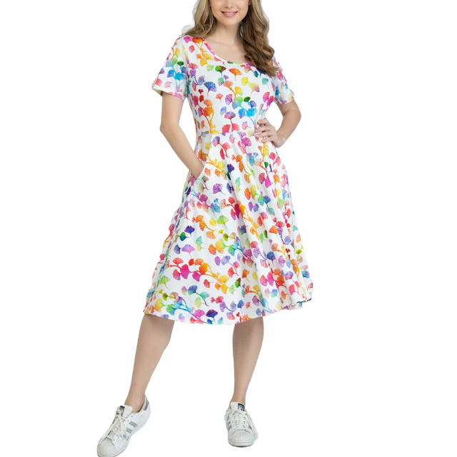 Rainbow Ginkgo Leaves Twirl Dress