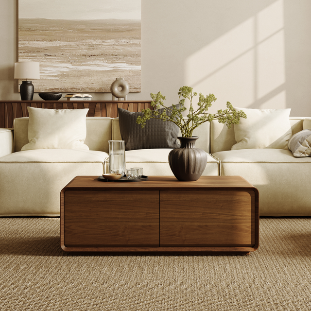 39" Rectangular Wood Coffee Table with Storage, Mid-Century Modern, with 2 Drawers, Fully-Assembled, Walnut