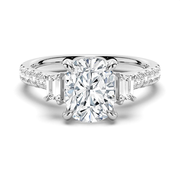 Three Stone Cushion & Half Moon Moissanite Engagement Ring with Pavé Band